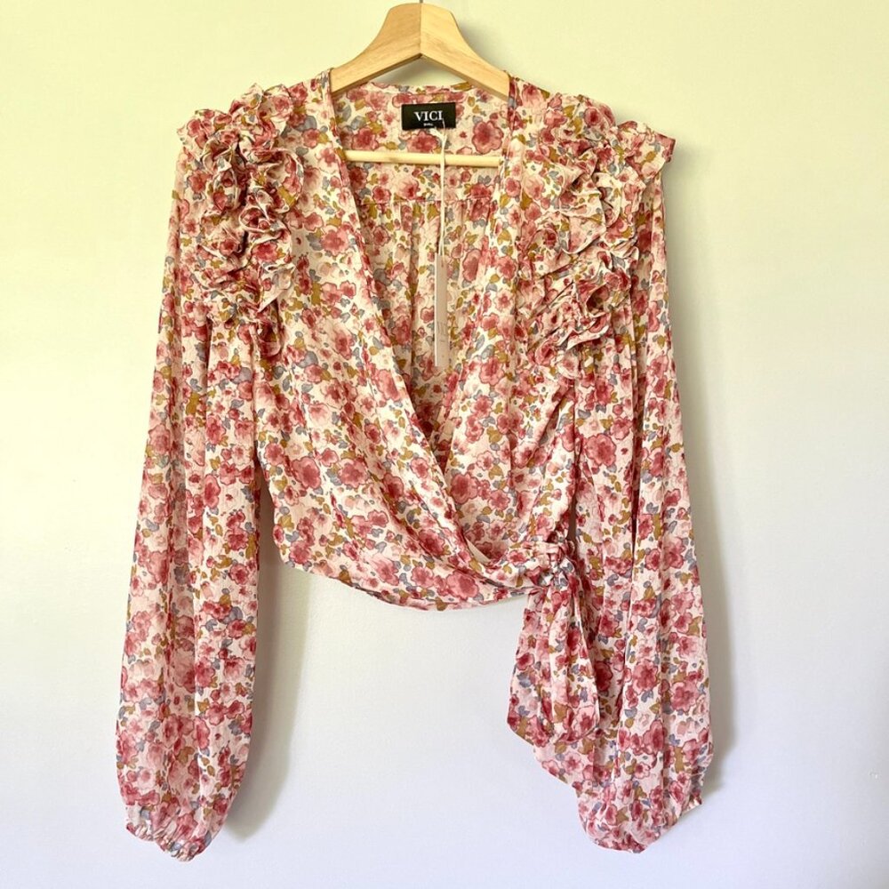 Vici X Fate Top Size Small Floral Blouse Wrap Pink Blue Long Sleeve V-Neck